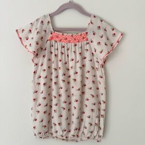 Bonheur du Jour Paris Floral Blouse with Flutter Sleeves & Smocked Neck Size 8